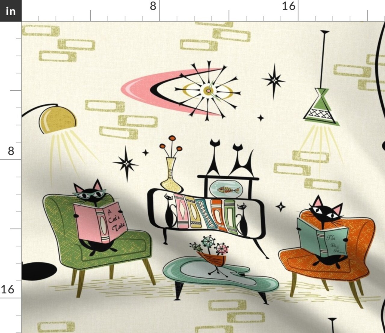 Mid Century Modern Retro Cats 1950S Inspired Atomic Age Vintage Style Custom Printed Fabric by Spoonflower Various Fabrics by the Yard or Fat Quarter